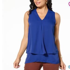DG2 by Diane Gilman Sleeveless Lettuce Edge Double Layer Easy Navy Tank NWT XS